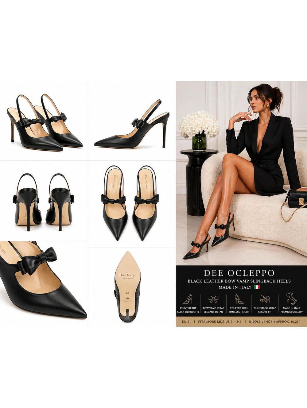 Dee Ocleppo Black Leather Slingback Heels Bow Vamp Strap Pointed Toe Stiletto EU